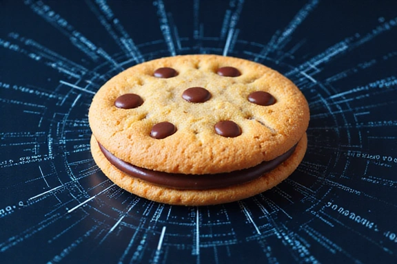 Ilustración de una galleta (cookie) digital con datos fluyendo alrededor.