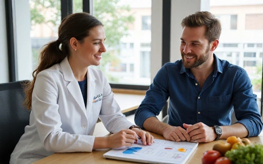 Nutricionista explicando un plan de dieta personalizado a un cliente en una oficina moderna