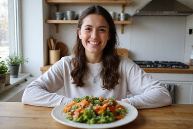 Persona sonriendo mientras come una ensalada fresca