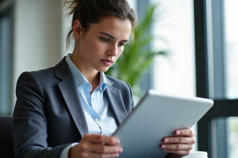 Persona leyendo un documento digital con un diseño moderno